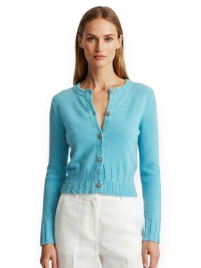 Avita Aqua Blue 100% Cashmere Knit Cardigan Sweater Button Front Mixed Knits S